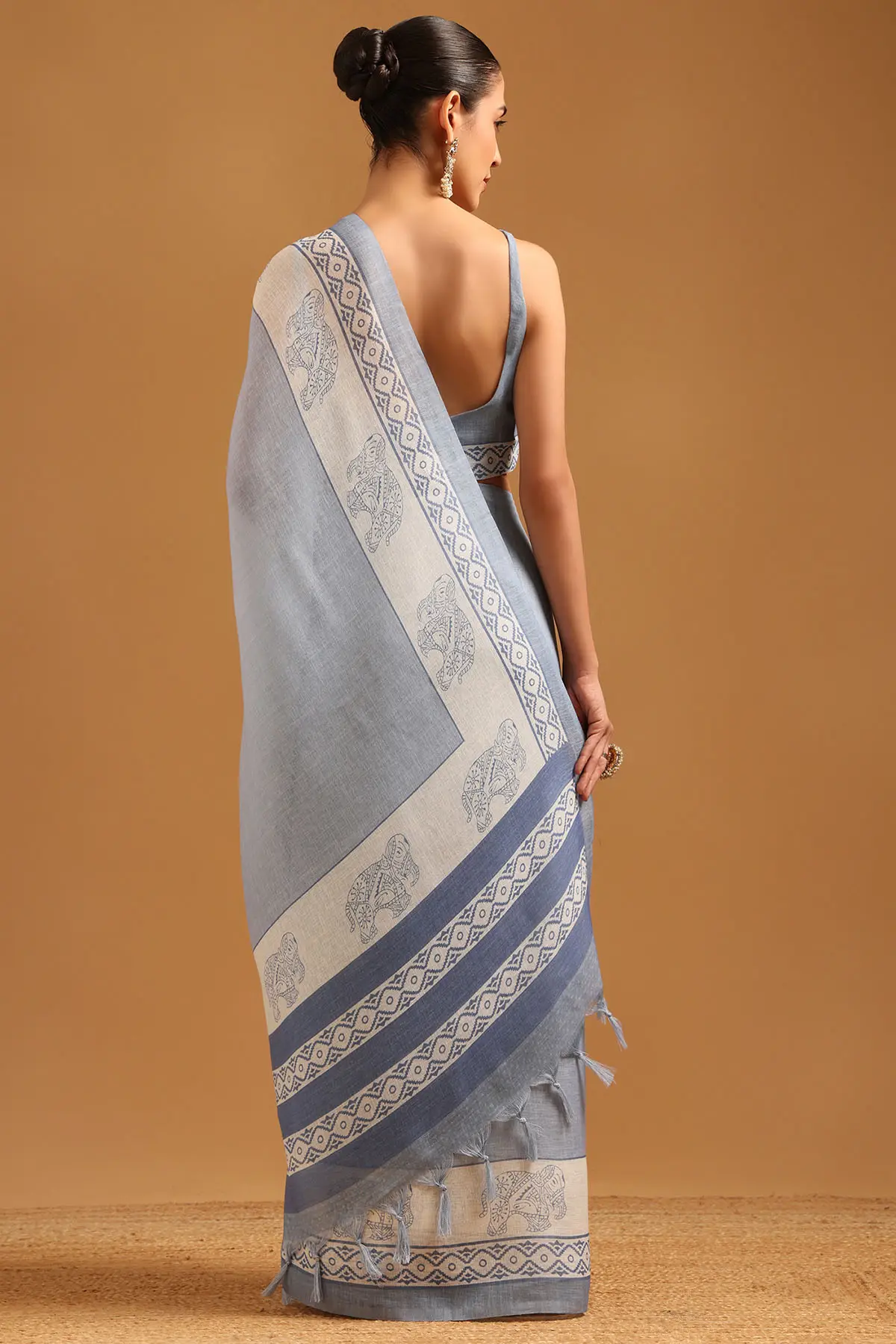 Blue Linen Block Printed Ethnic Motifs Saree